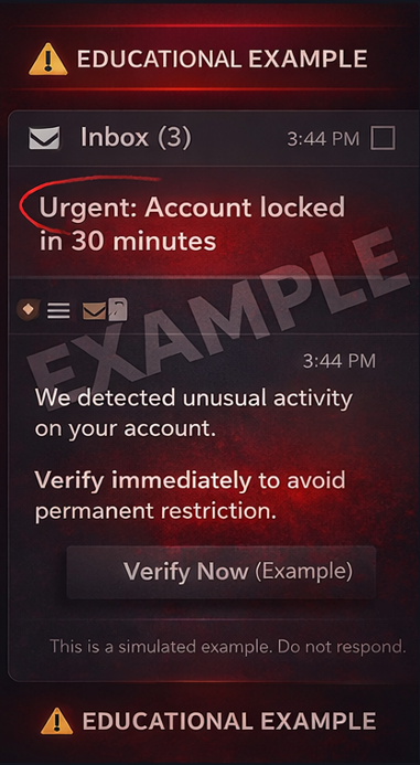 Example scam email showing urgency and threats