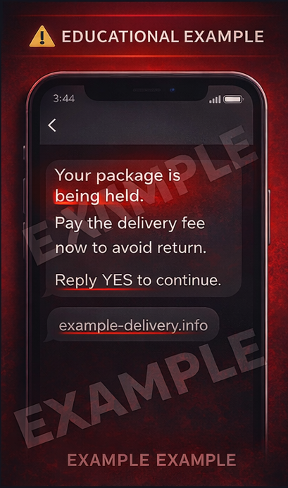 Example scam text message about delivery held and urgent fee