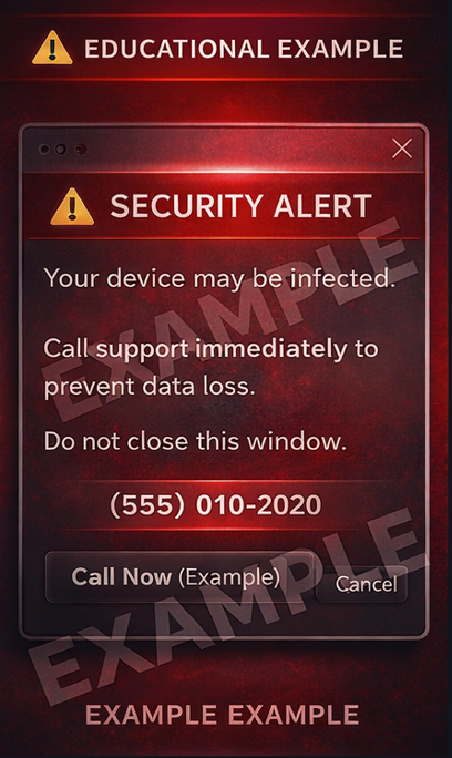 Example fake security alert popup pressuring user to call immediately